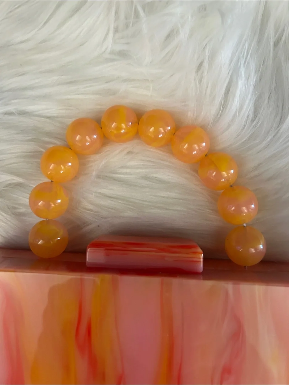 NWT Marbled Orange-Pink Acrylic Top-Handle Clutch w/ chain